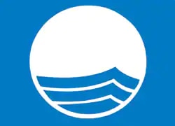 White circle with stylized waves icon