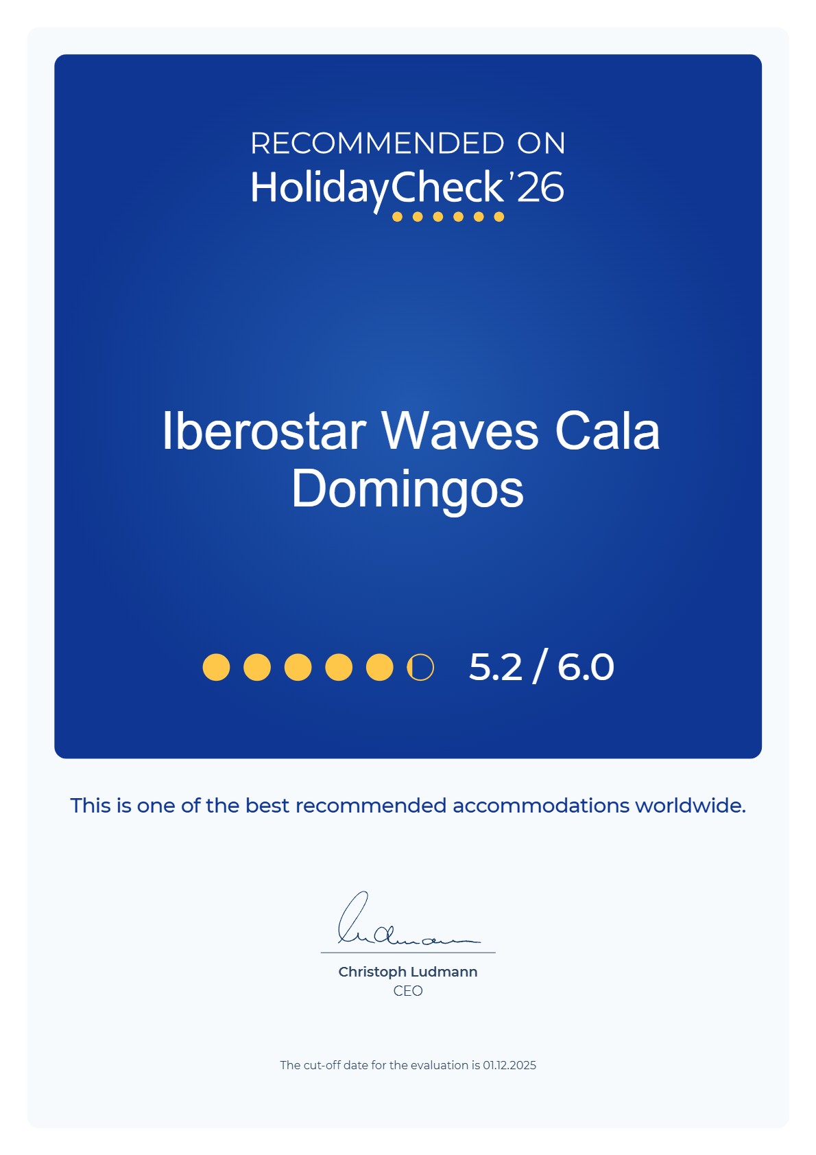 HolidayCheck 2026 recommendation certificate for hotel