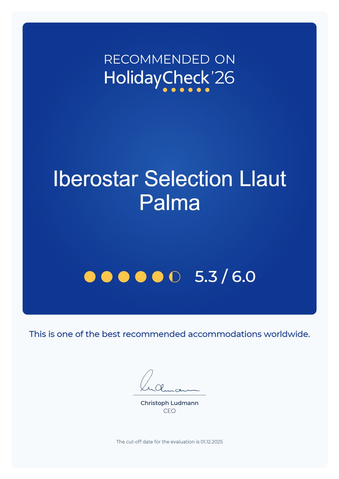 HolidayCheck 2026 recommendation certificate for hotel