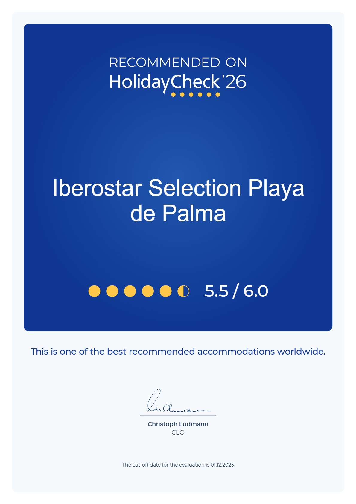 HolidayCheck 2026 award for Iberostar hotel