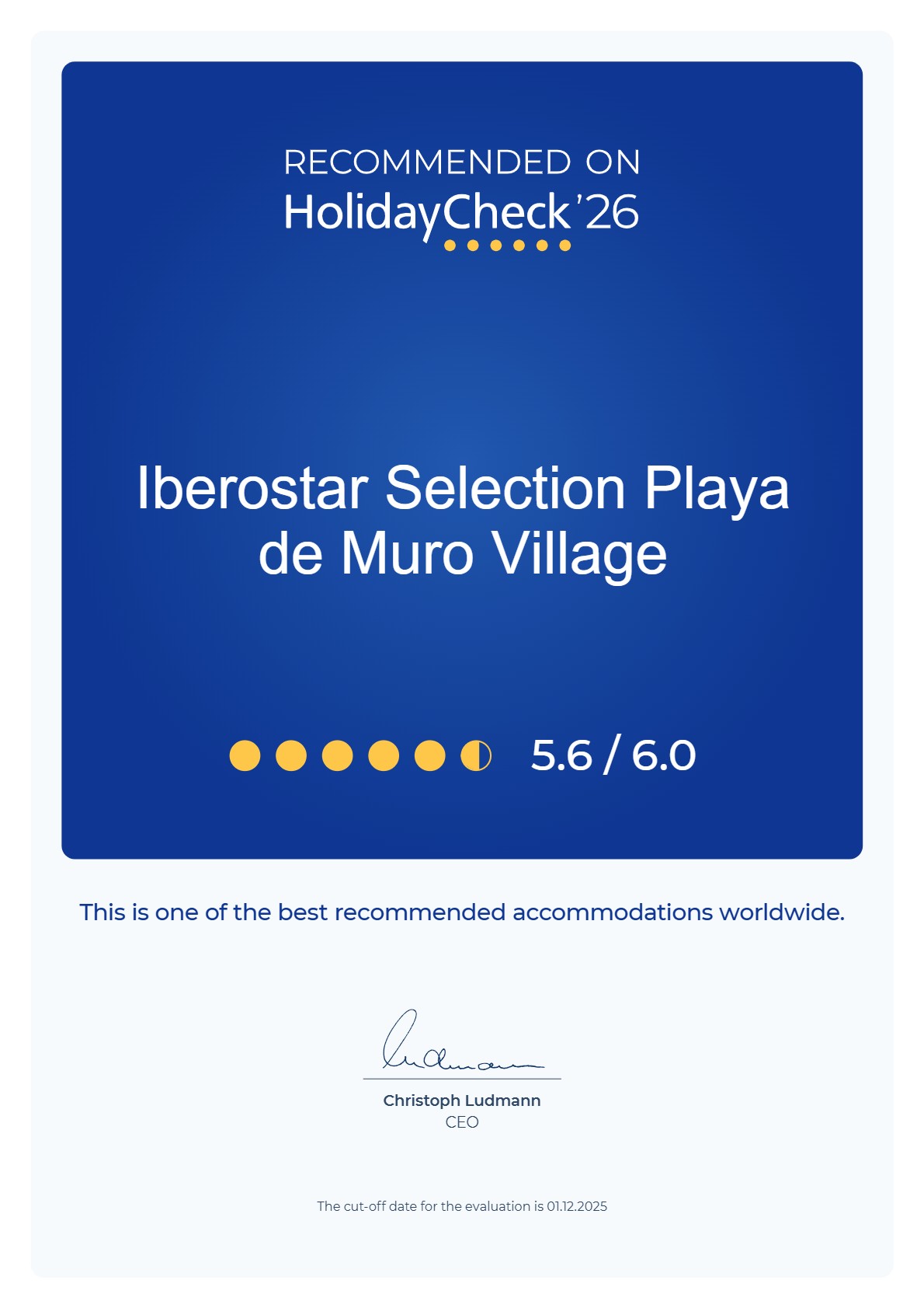 HolidayCheck 2026 recommendation certificate for hotel