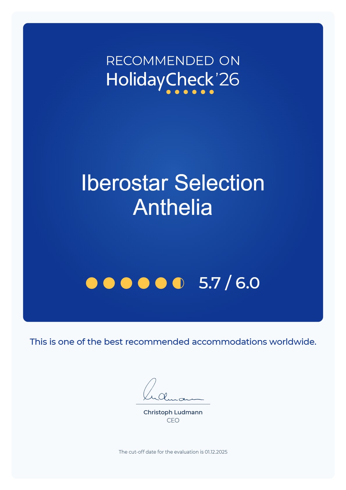 HolidayCheck 2026 recommendation certificate for hotel