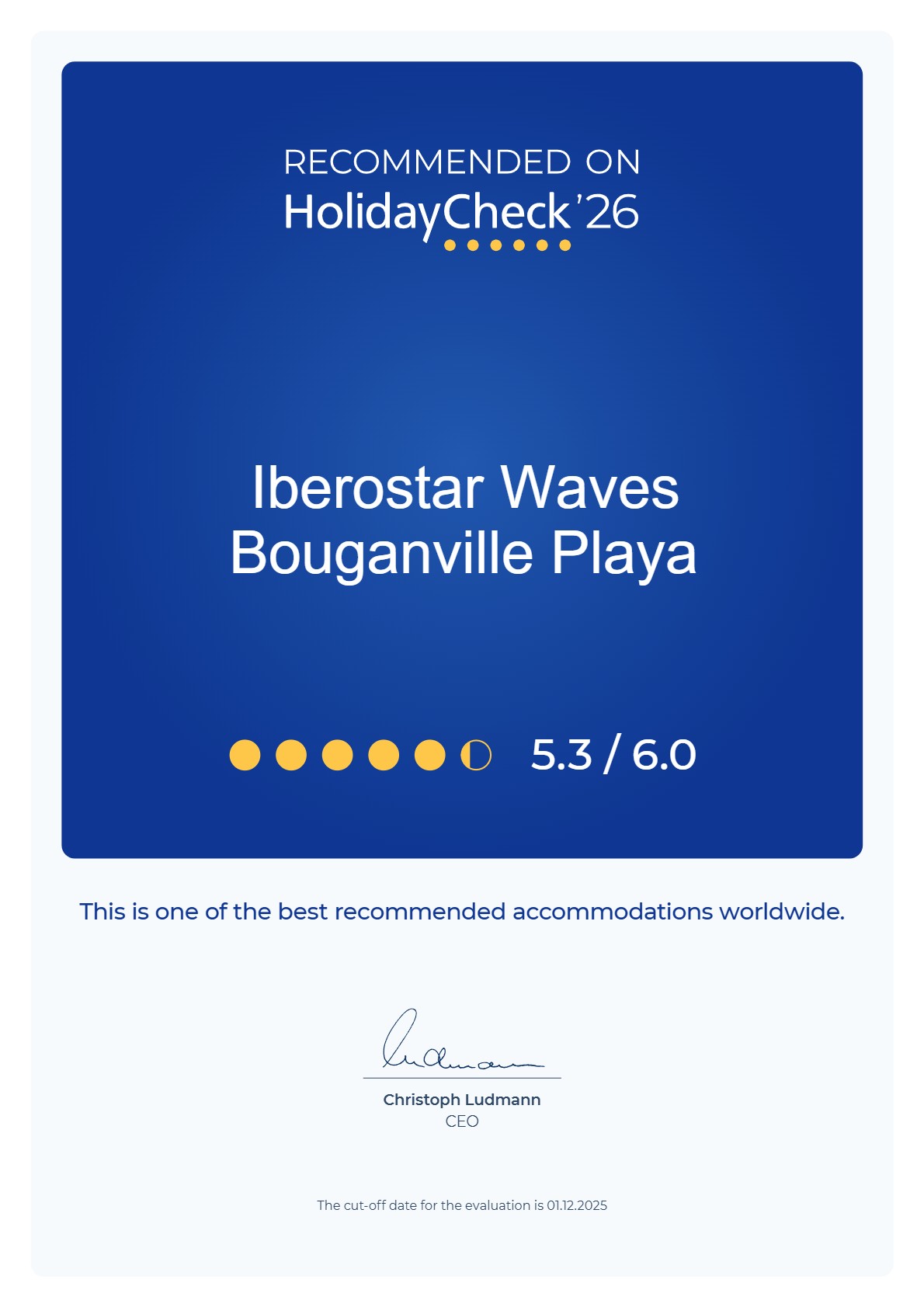 HolidayCheck 2026 Iberostar Waves award certificate