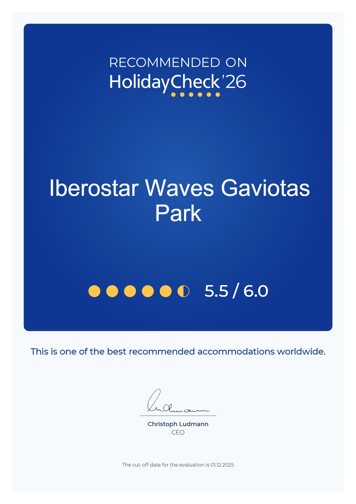 HolidayCheck 2026 recommendation certificate for hotel