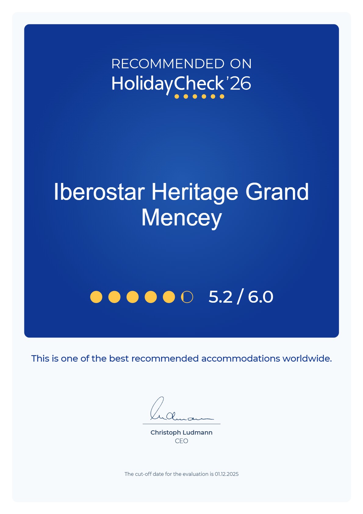 HolidayCheck 2026 recommendation certificate for hotel