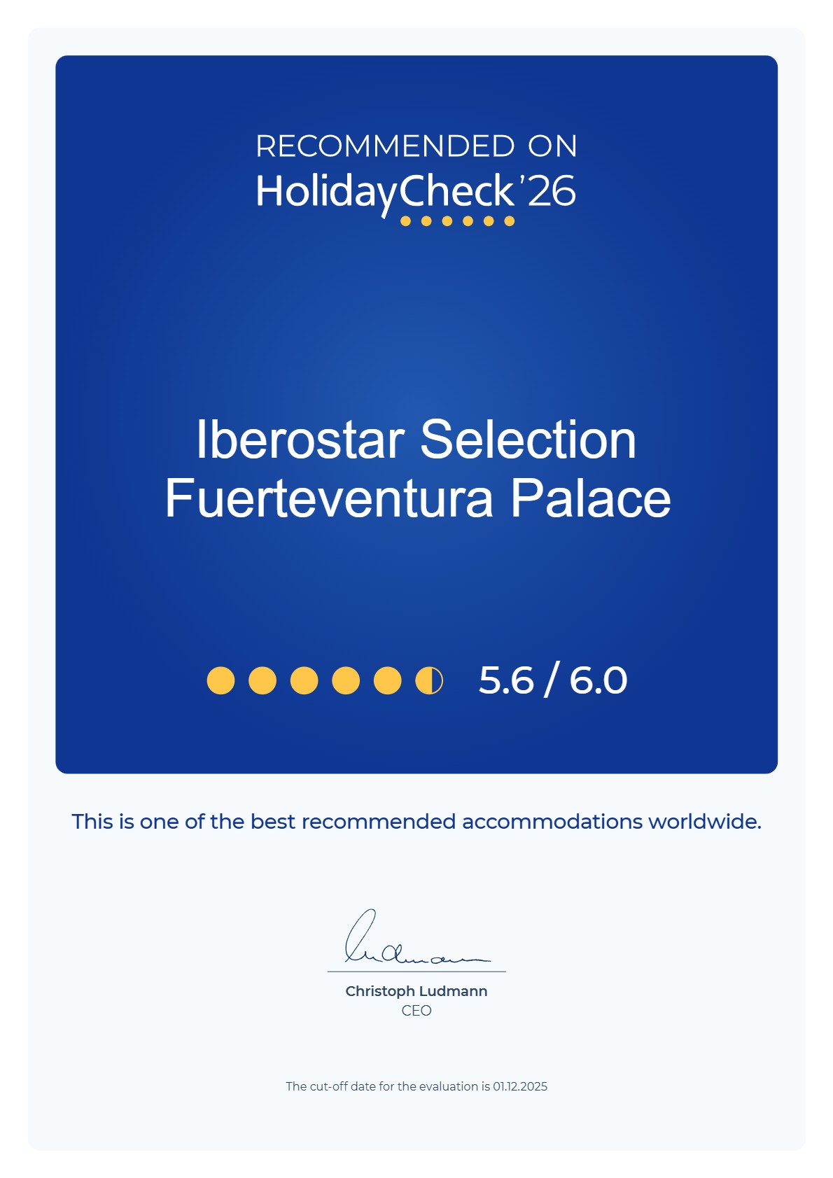 HolidayCheck 2026 Iberostar Fuerteventura Award Certificate