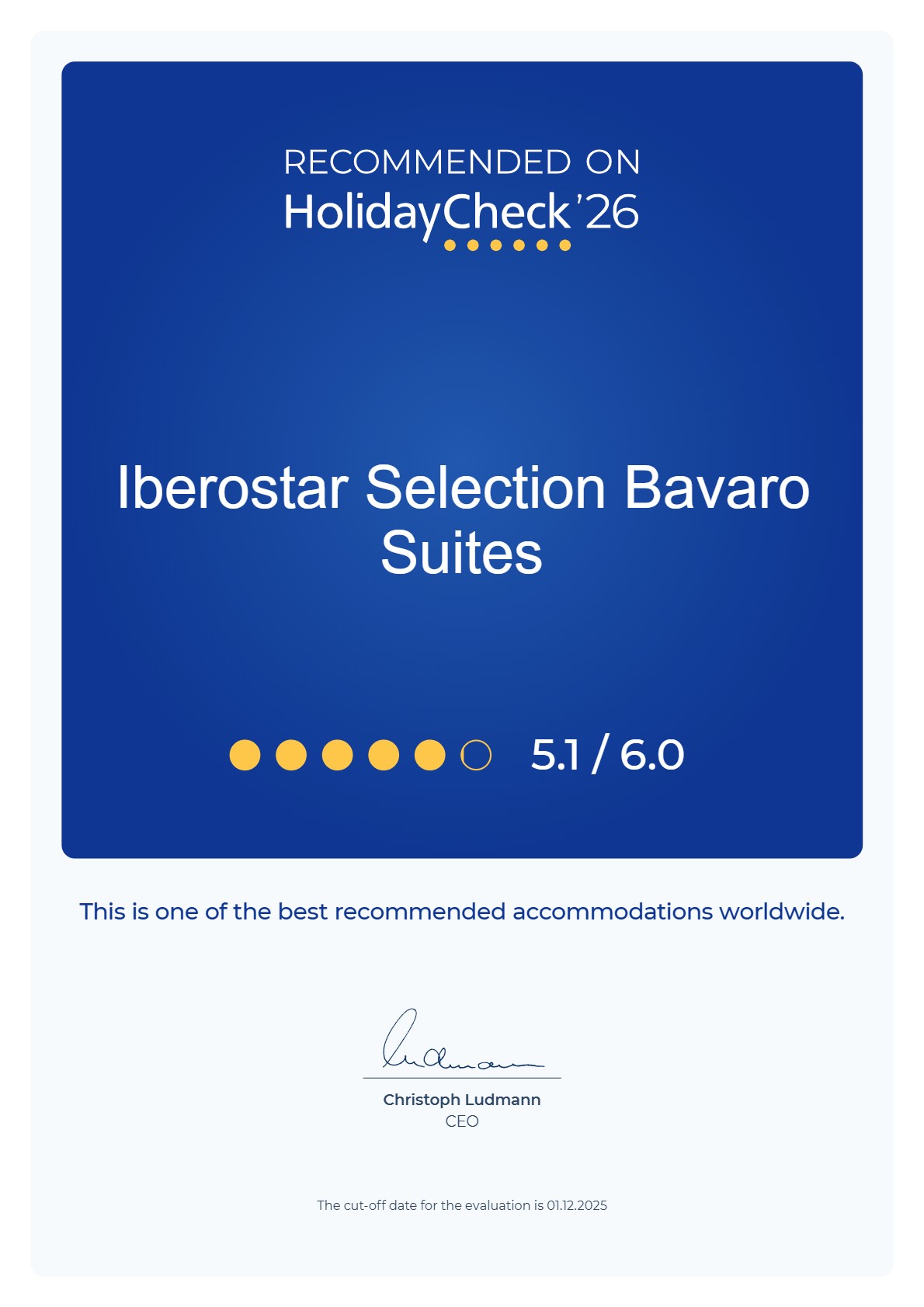 HolidayCheck 2026 certificate for Iberostar Suites
