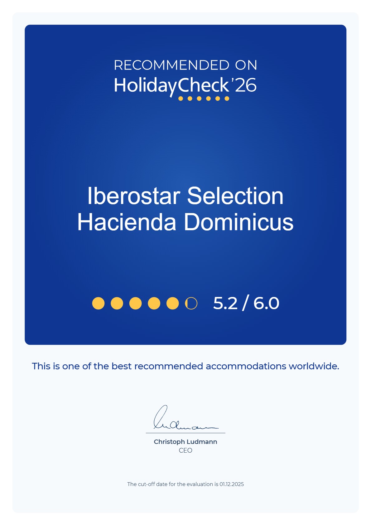 HolidayCheck 2026 recommendation certificate for hotel