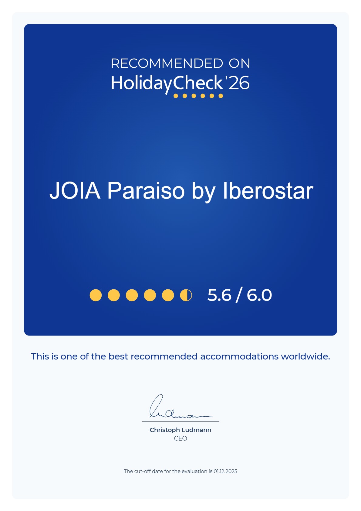HolidayCheck 2026 recommendation certificate for JOIA Paraiso