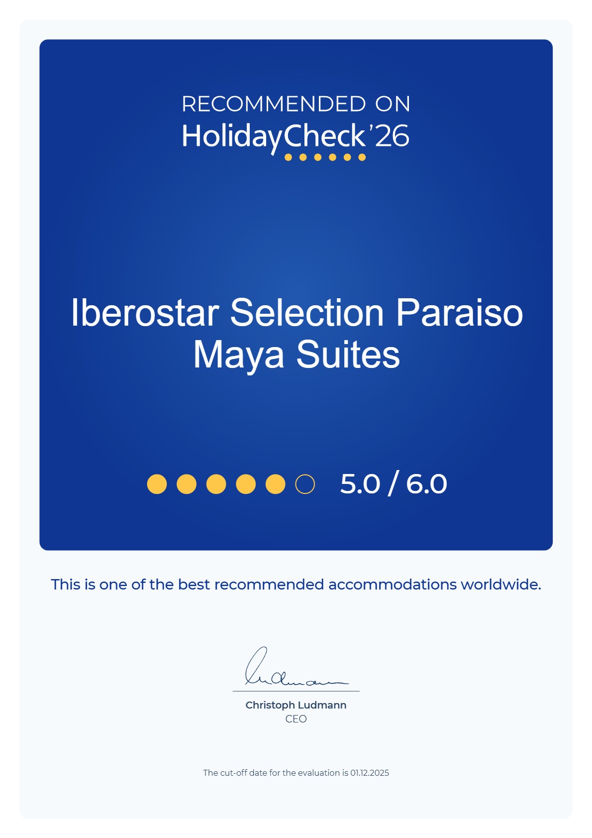 HolidayCheck 2026 Iberostar Maya Award Certificate