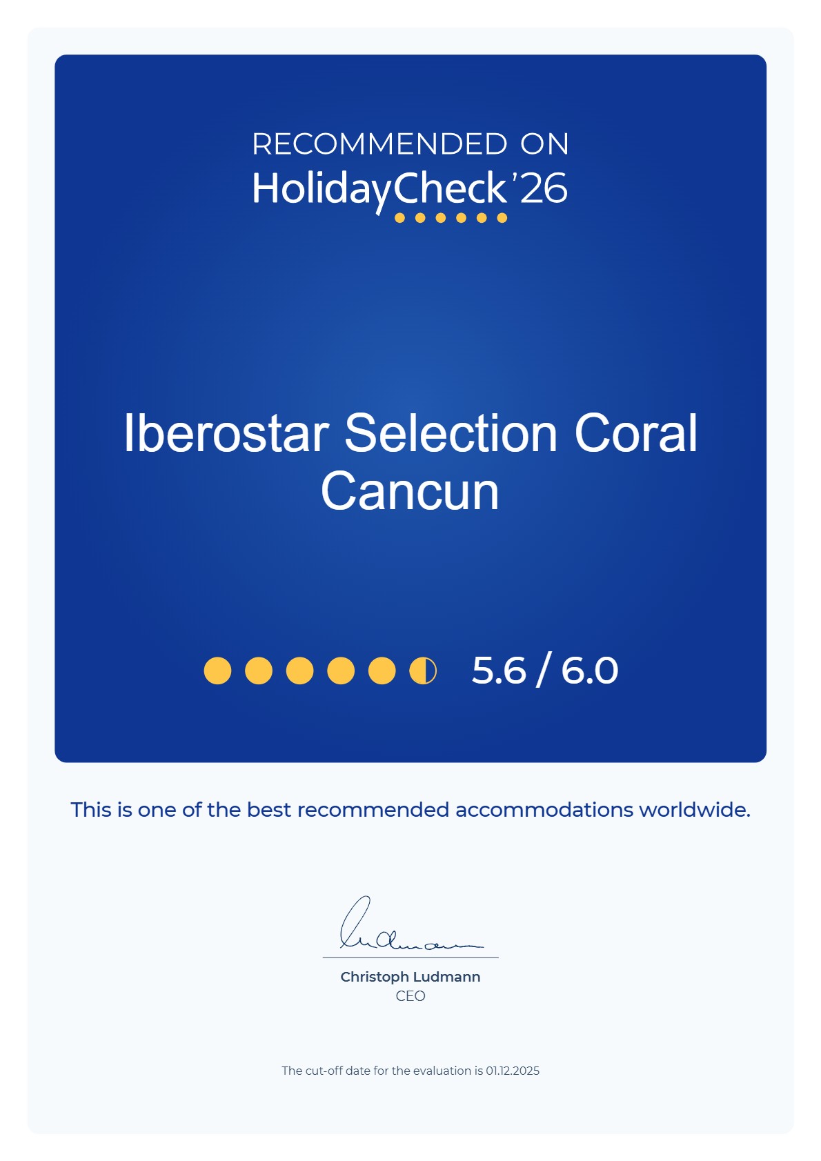 HolidayCheck 2026 award for Iberostar Cancun
