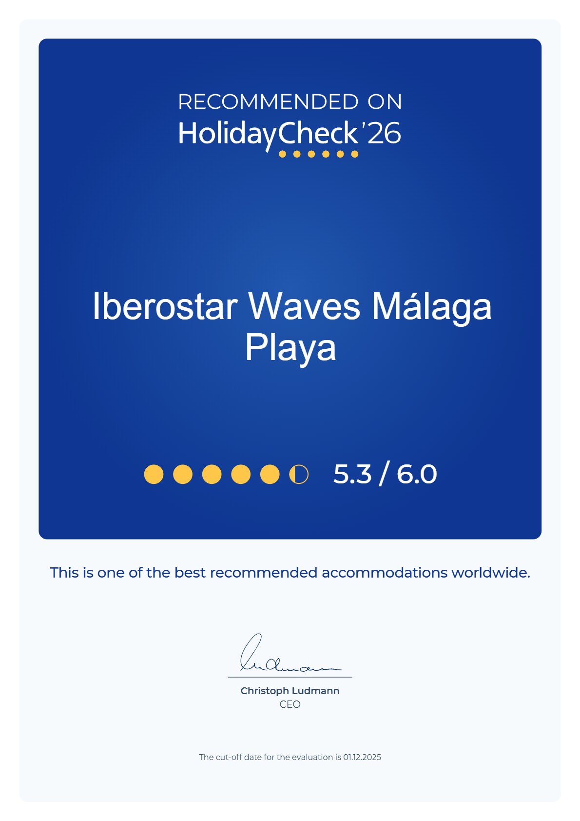 HolidayCheck 2026 recommendation certificate for hotel