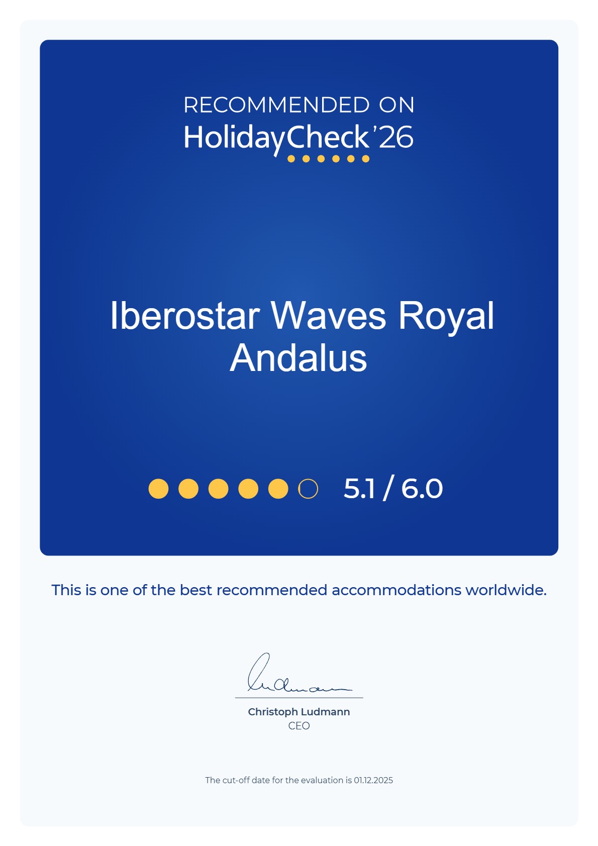HolidayCheck 2026 recommendation for Iberostar Waves
