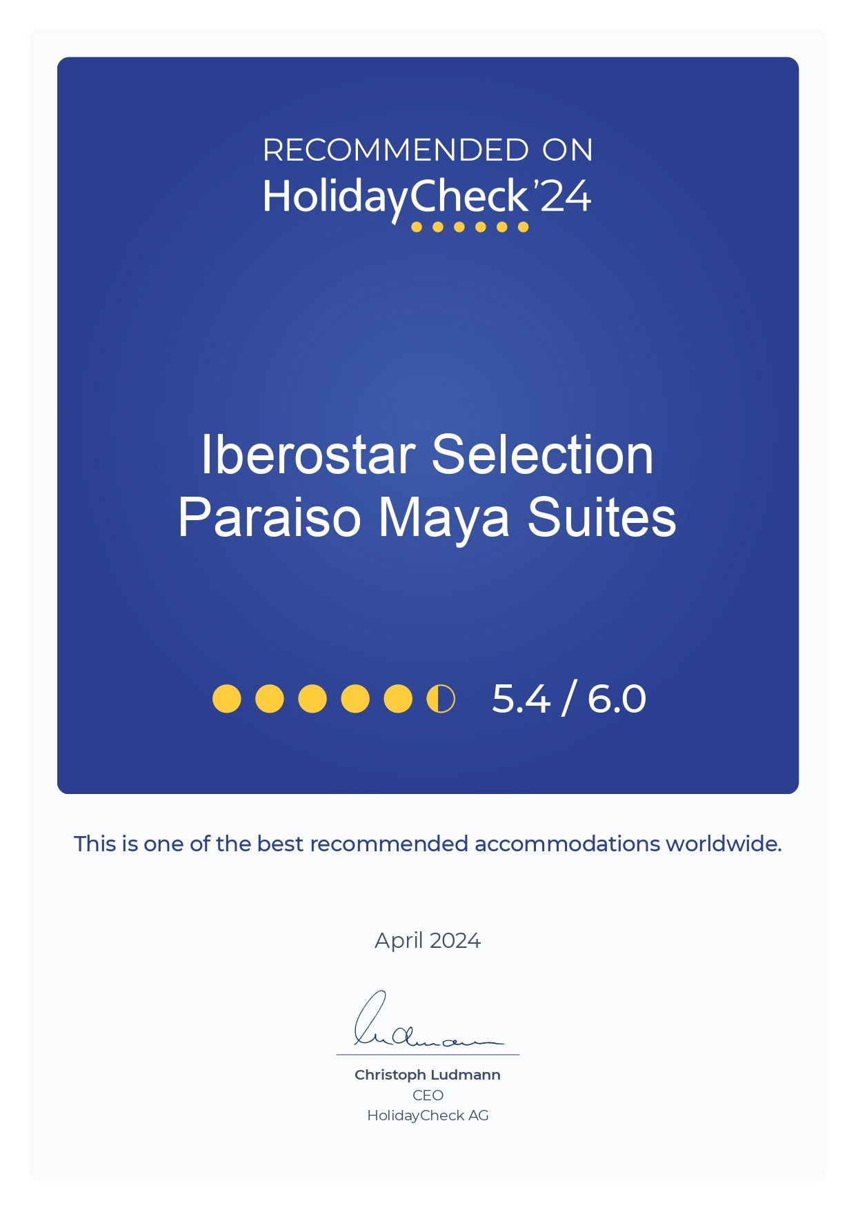 HolidayCheck 2024 recommendation certificate for hotel