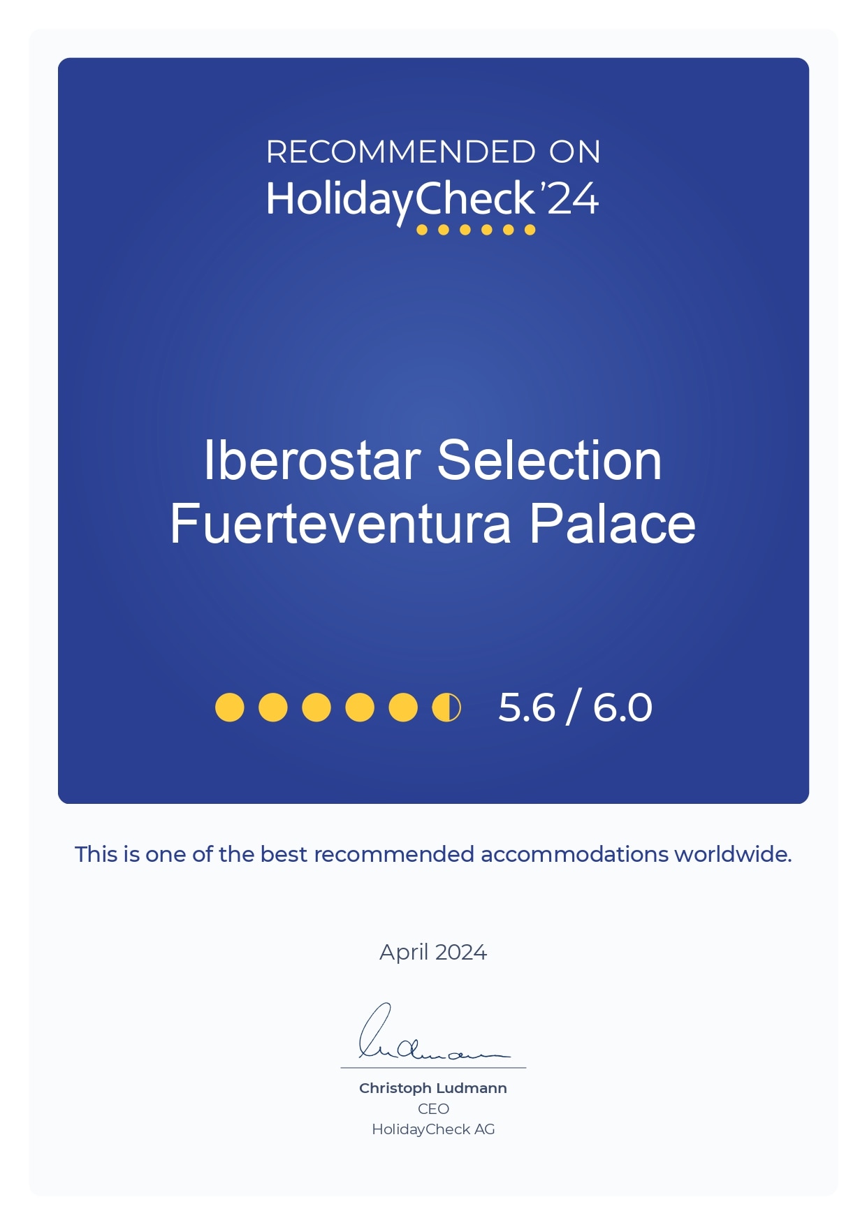 HolidayCheck 2024 award for Iberostar hotel