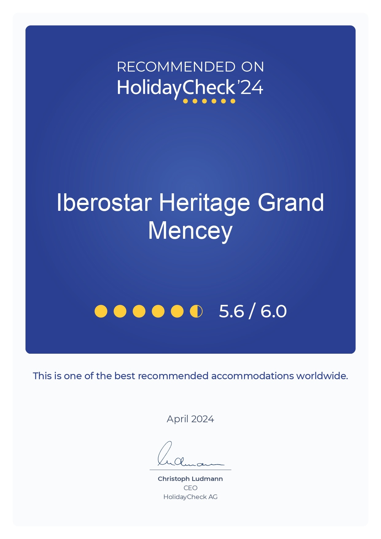HolidayCheck 2024 award for Iberostar hotel