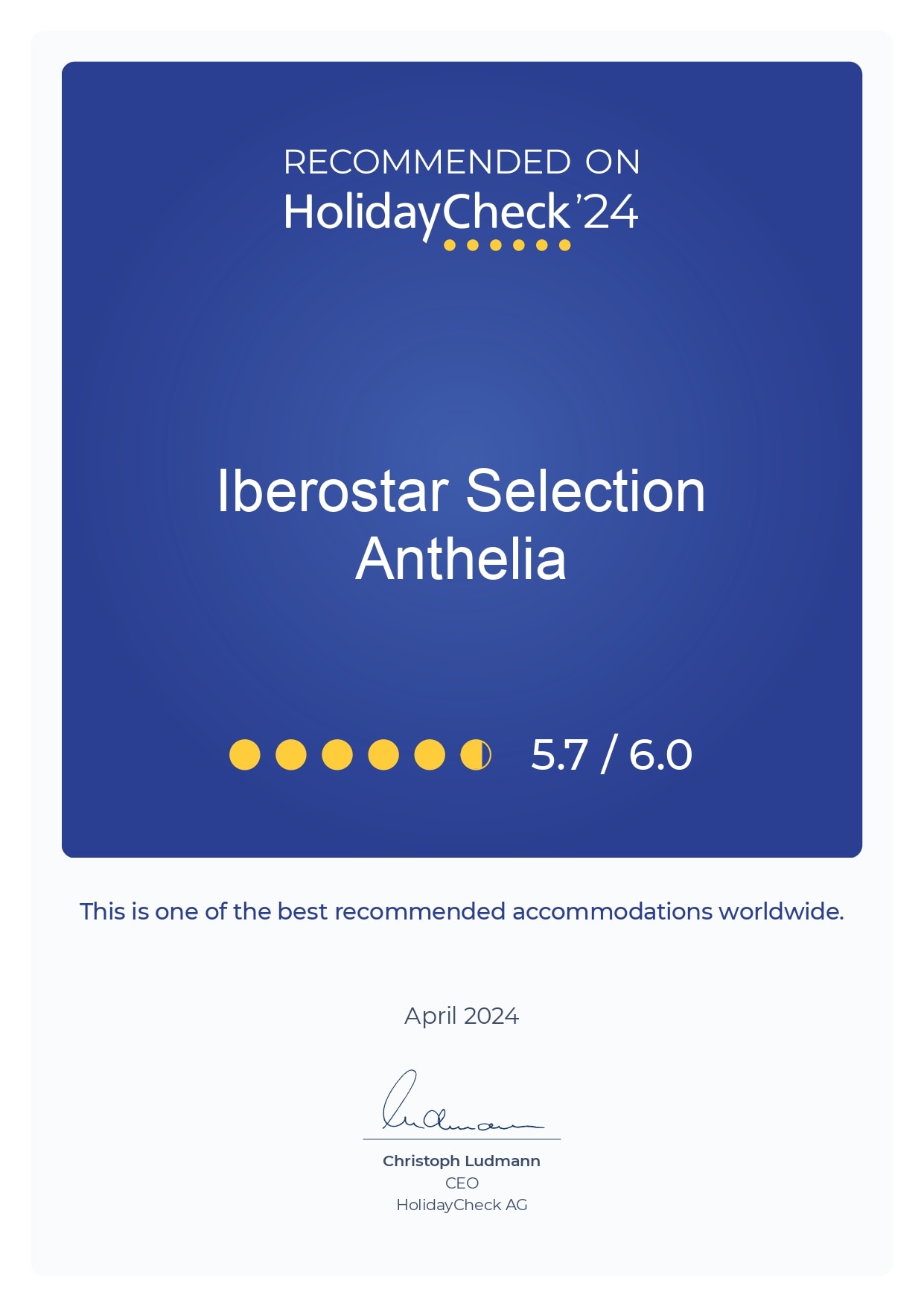 HolidayCheck 2024 recommendation for Iberostar Anthelia