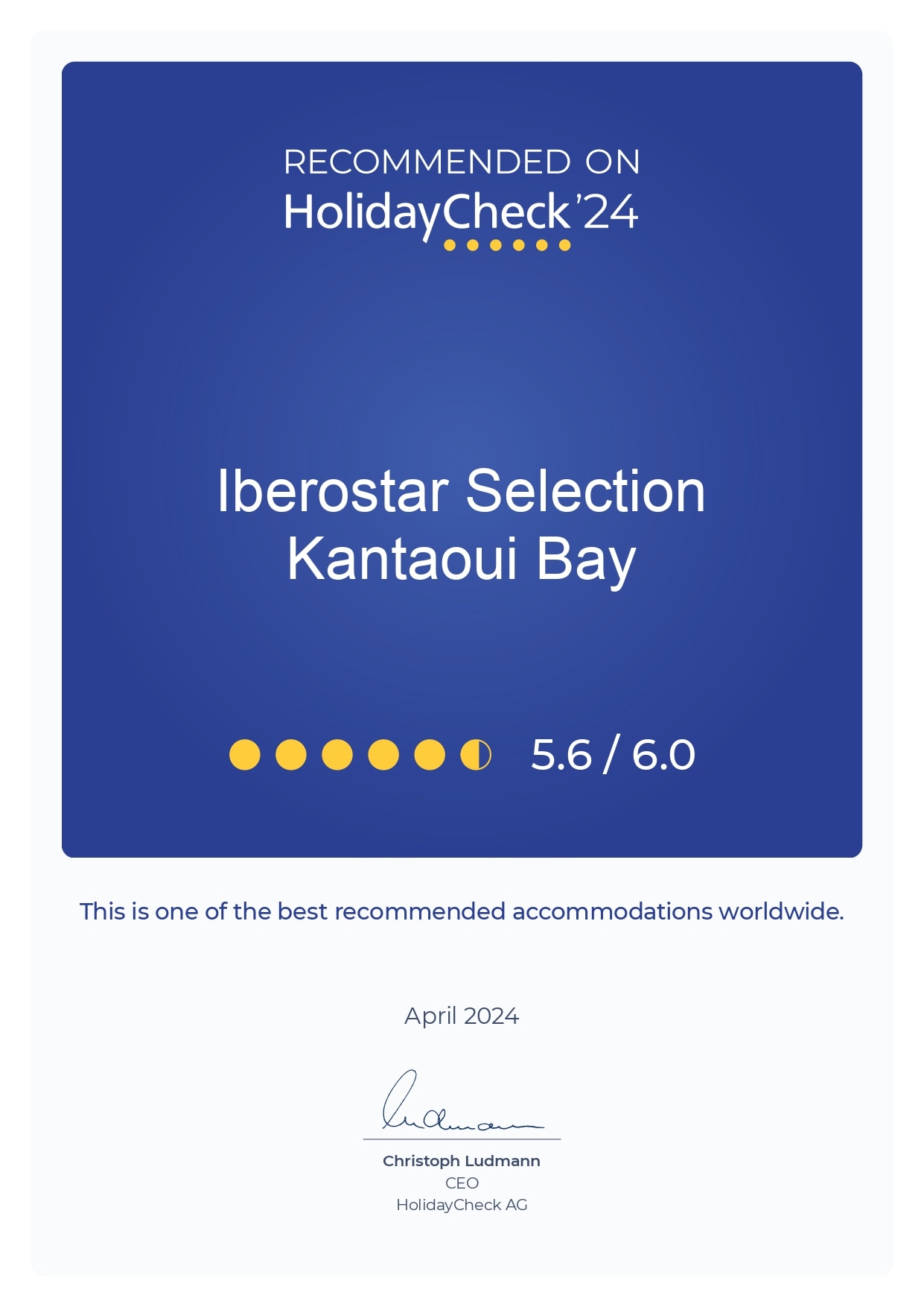 HolidayCheck 2024 award for Iberostar hotel