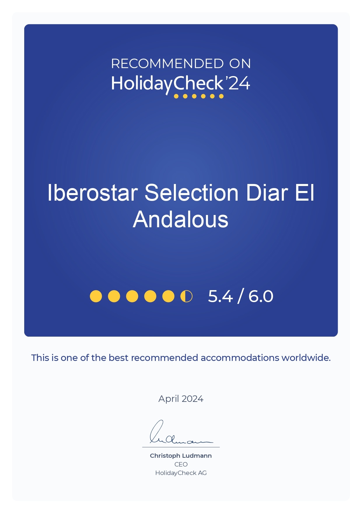 HolidayCheck 2024 award for Iberostar hotel