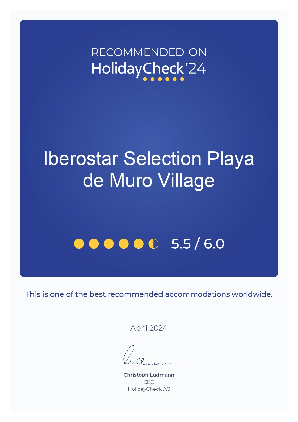 HolidayCheck 2024 recommendation certificate for hotel