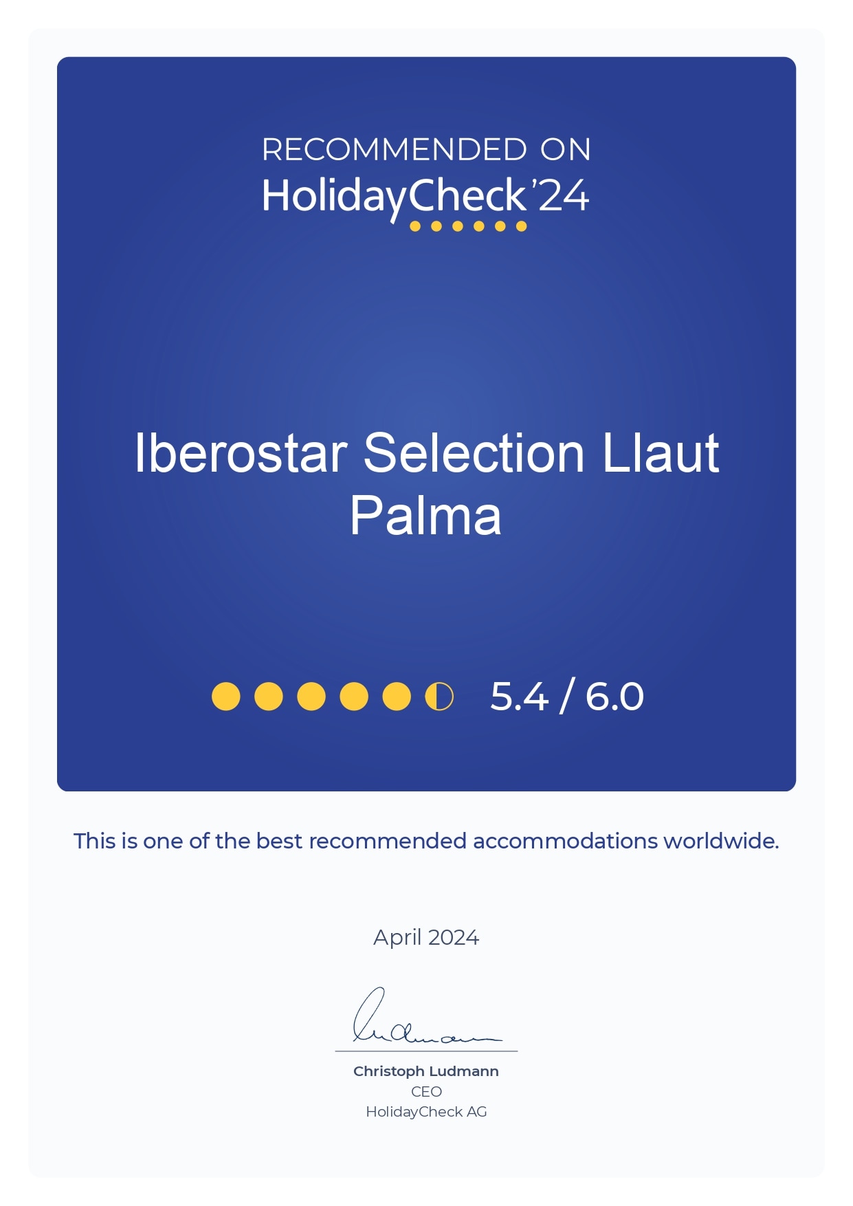 HolidayCheck 2024 recommendation for Iberostar hotel
