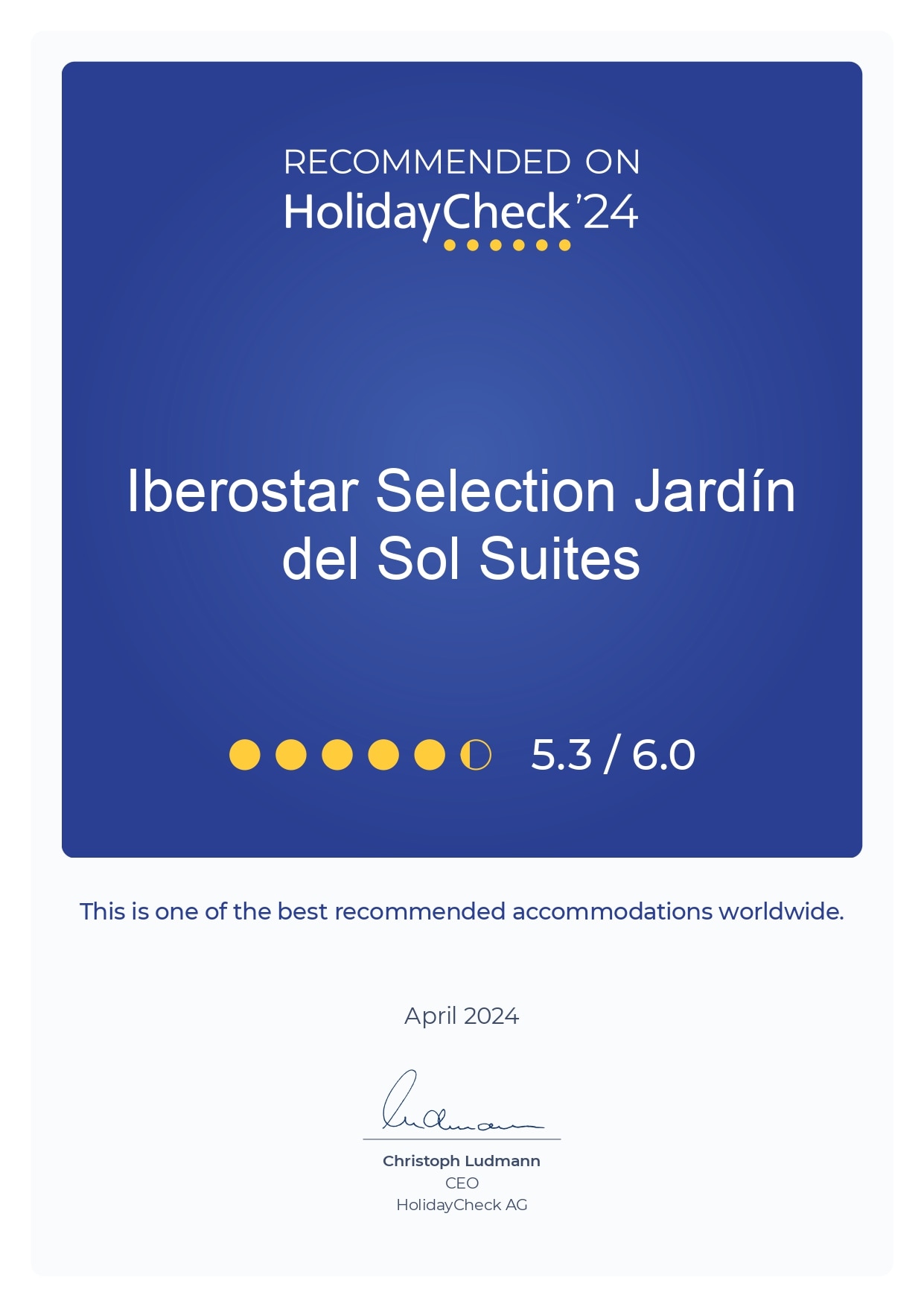 HolidayCheck 2024 award for Iberostar hotel
