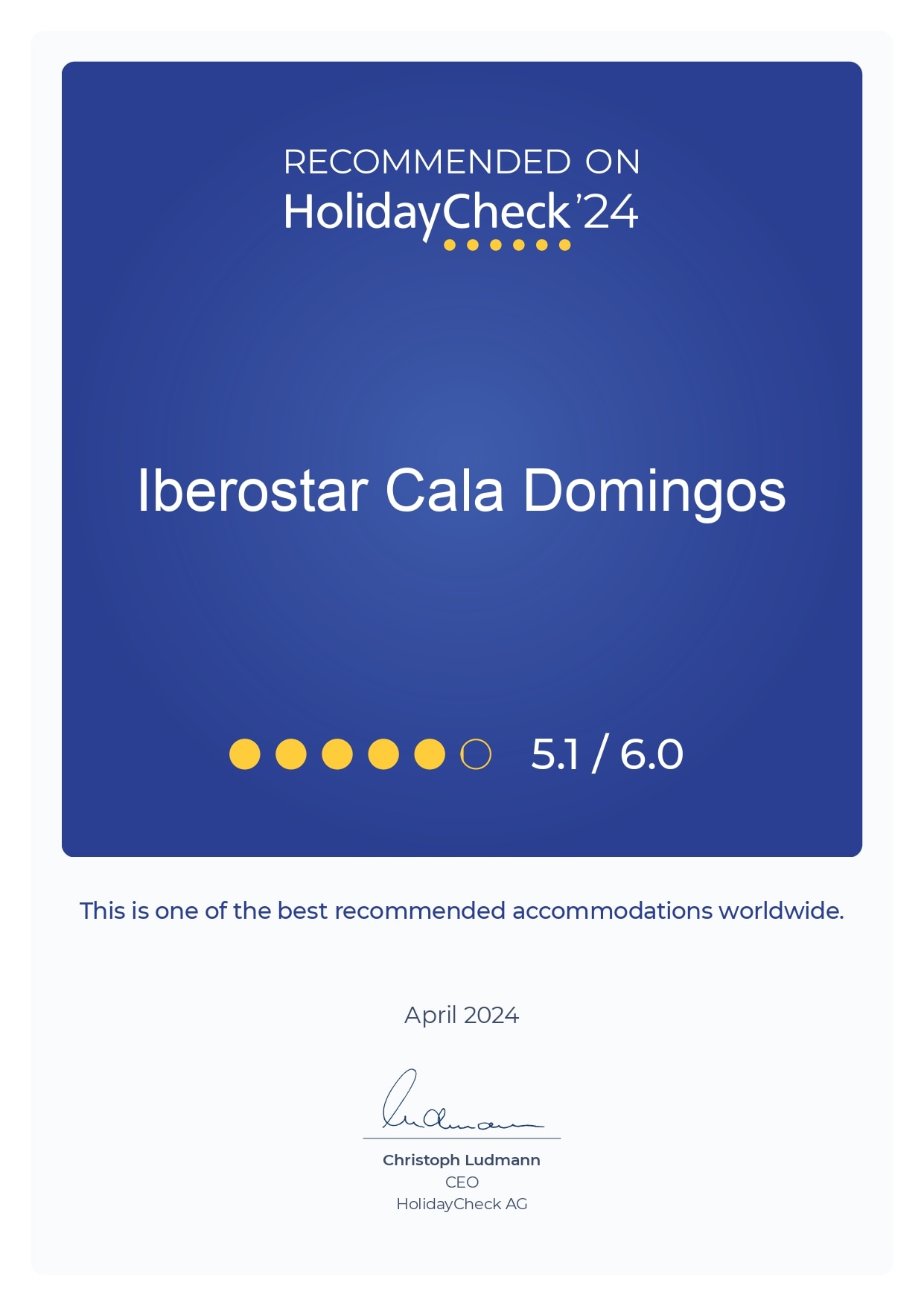 HolidayCheck 2024 award for Iberostar Cala Domingos