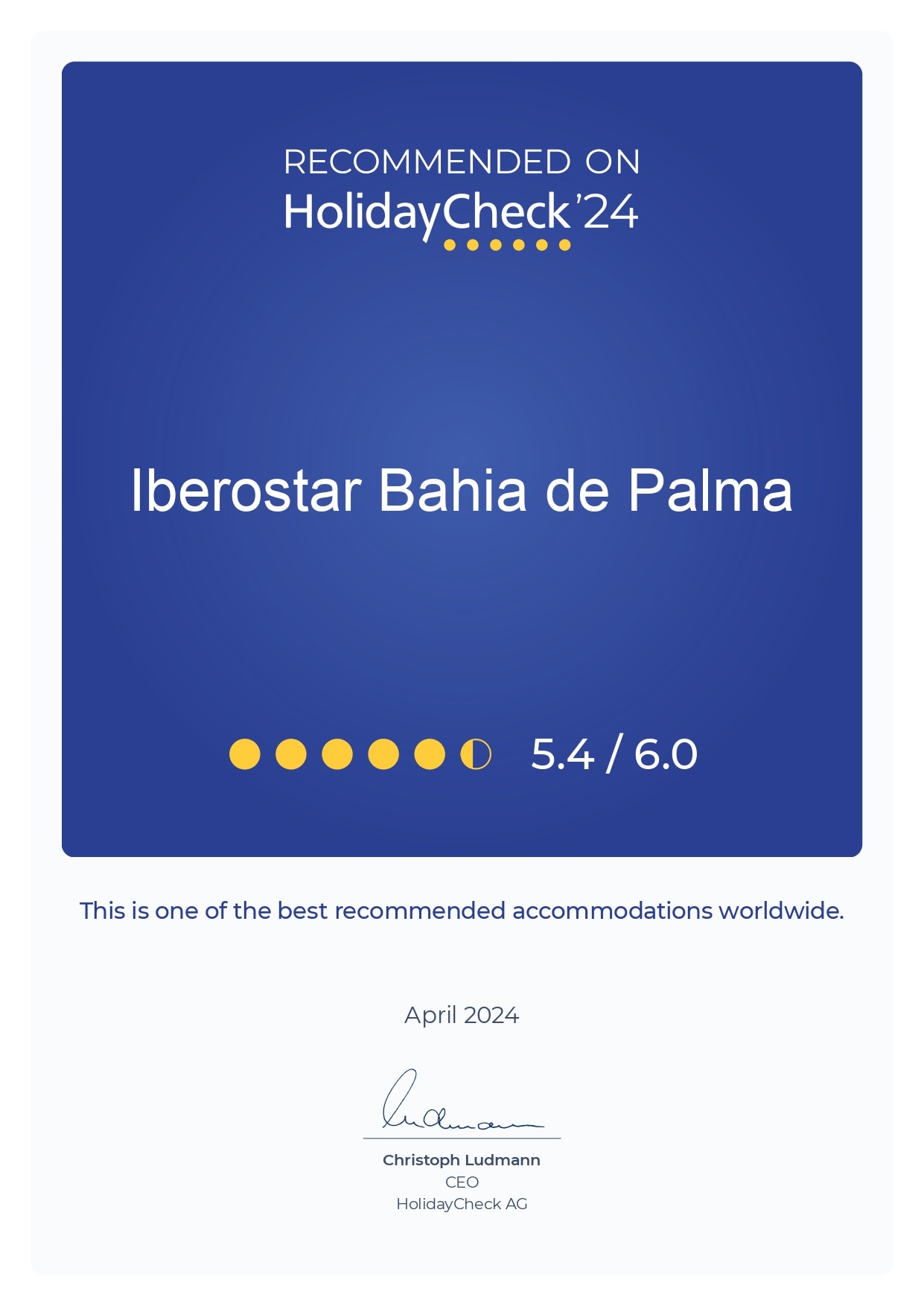 HolidayCheck 2024 recommendation certificate for hotel