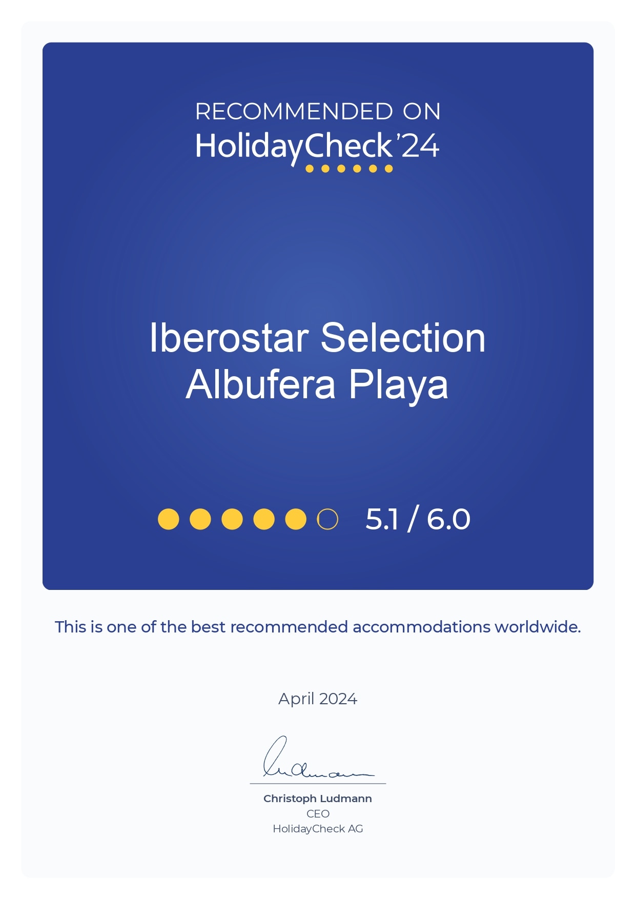 HolidayCheck 2024 award for Iberostar hotel
