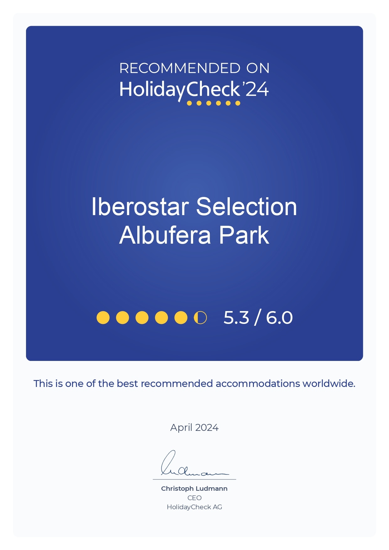 HolidayCheck 2024 recommendation certificate for hotel